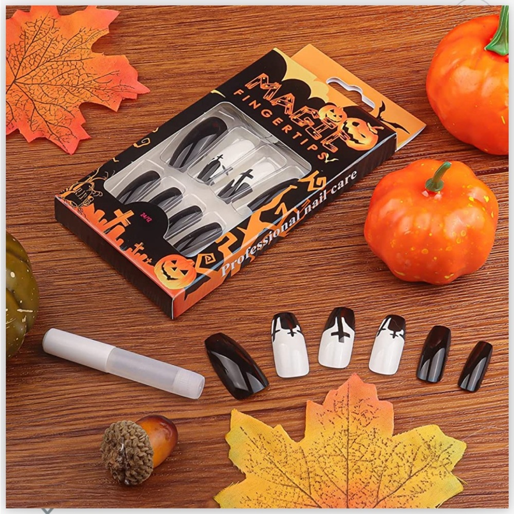 Magic Fingertips Coffin Press On Nails, Glossy black and Graveyard